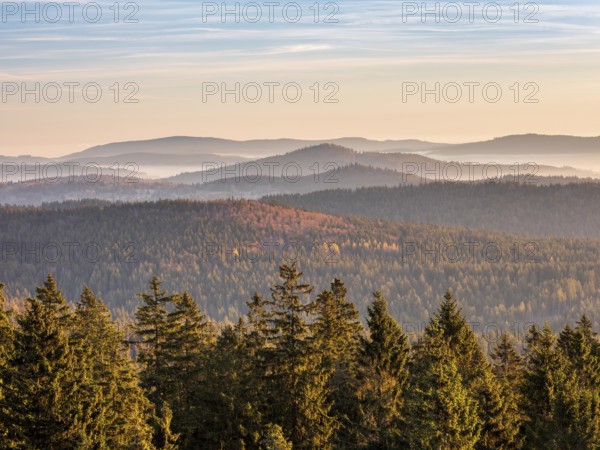View from the summit of the Haidel over hilly landscape, endless forests in the morning light in