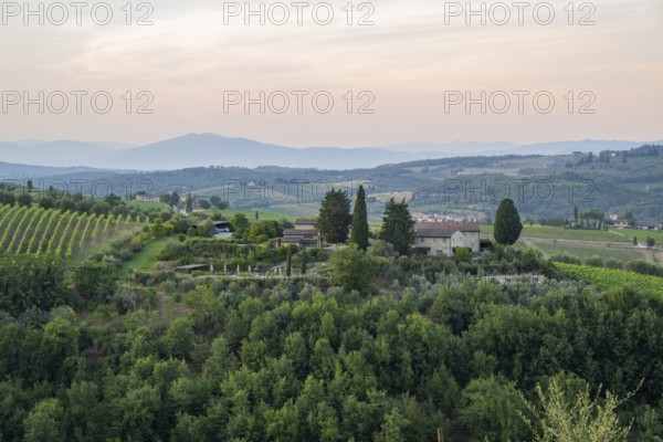Tuscan landscape next to greve in Chianti and Montefioralle, country estate with vineyards,