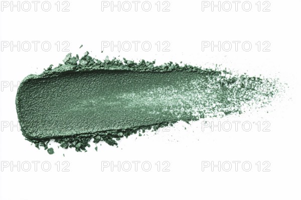 Green eyeshadow makeup sample swatch on white background. Generative AI, AI generated