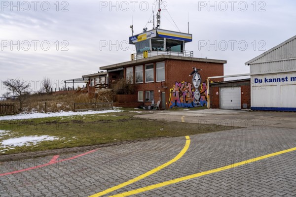 The East Frisian North Sea island of Juist in winter, Juist airfield, airfield, tower, Lower