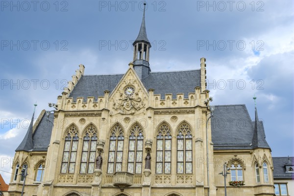 Upper part of the main façade of Erfurt Town Hall at the fish market in the historic city centre of