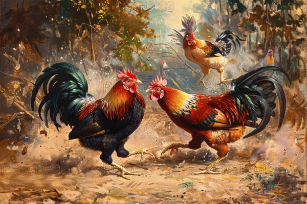 Surrealist representation of a cock fighting, AI generated