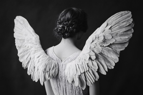 Black and white image of young female angel with white feather wings on back. Generative AI, AI