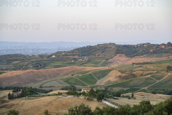 Hilly landscape in Tuscany, view from the upper city wall of Montepulciano, Tuscany, Italy, Europe