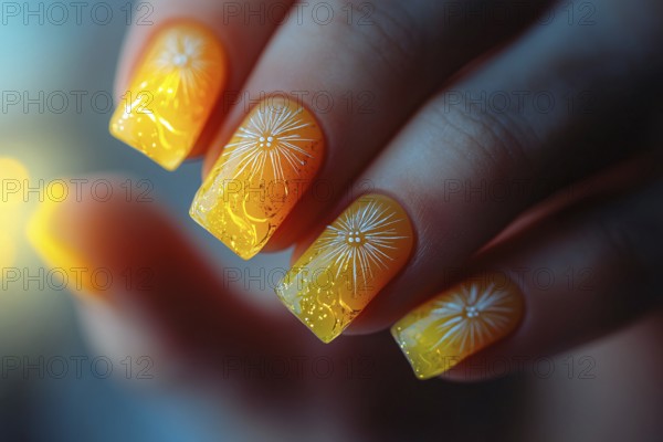 Woman's fingernails with summer sun nail art design. Generative Ai, AI generated
