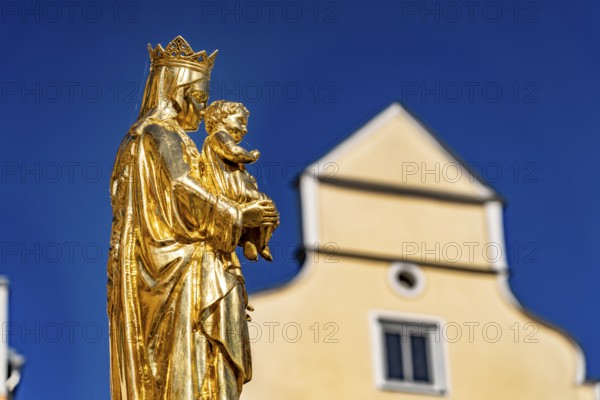 Golden Mary of St Mary's Fountain on the market square of Riedenburg, Lower Bavaria, Bavaria,