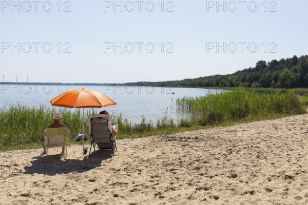 On the shore of the Scheibe-See, open-cast mining pit, which is now open for swimming, Hoyerswerda,