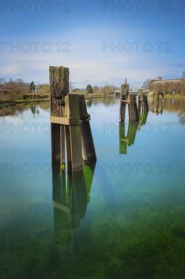 View of mooring facilities in the branch canal at the Linden harbour lock, long exposure, waterway,