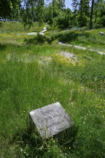 Memorial stone on the site of the destroyed village of Fleury-devant-Douaumont, Verdun battlefield,