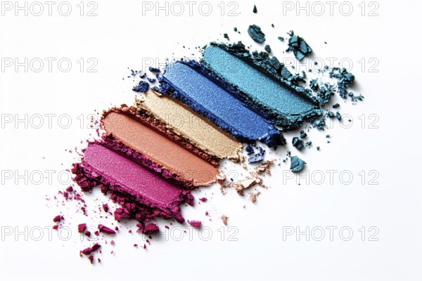 Different colored eyeshadow makeup sample swatches in a row on white background. Generative AI, AI