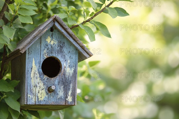 Blue wooden birdhouse on tree with green leaves in background. Generatve AI, AI generated
