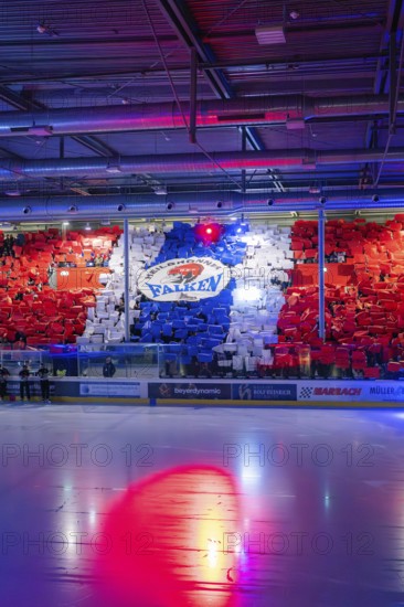 Mosaic of coloured posters forms a team logo in an ice rink, Heilbronner Falken Vs Bietigheimer