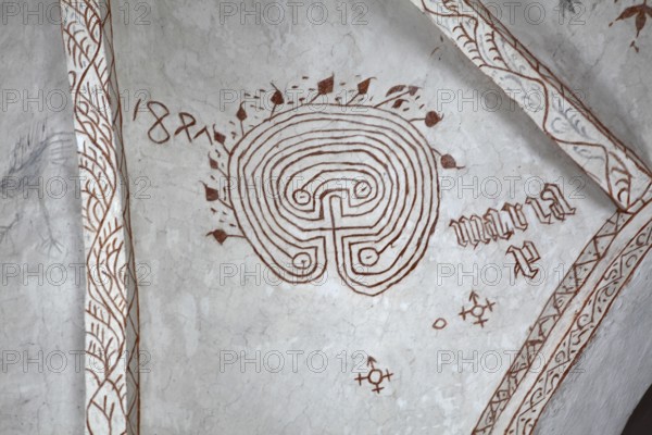 DNK, Funen, Fyn, Hesselager village church, Early Middle Ages, Interiör, ceiling, lime painting,