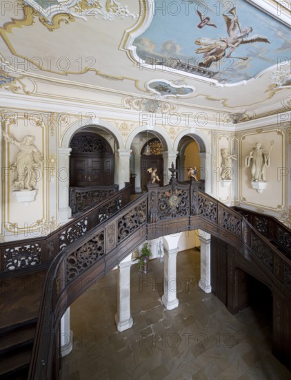 Staircase with ceiling painting: angel with trumpet and flying hourglass