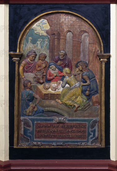 Relief panel in the baptismal font with the Christmas motif of the Adoration of the Shepherds, 2nd