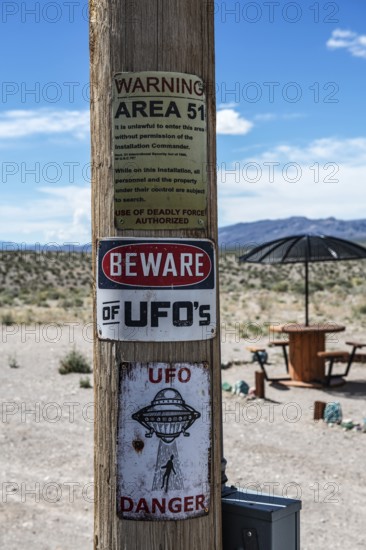 Warning sign UFOs, Area 51, Aliens, Rachel, Extraterrestrial Highway, Nevada, USA, North America