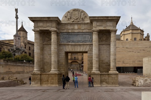 Cordoba, Puerta del Puente. Field side left Triumphal column of St Rafael right Dome of the mosque