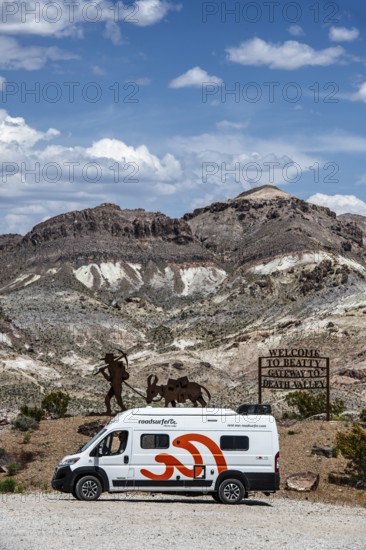 Gold miner's corten steel artwork, Beatty, Nevada, USA, North America