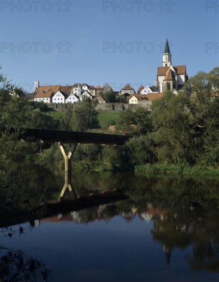 Town wall with parish church across the river Naab, St., Sankt, Saint
