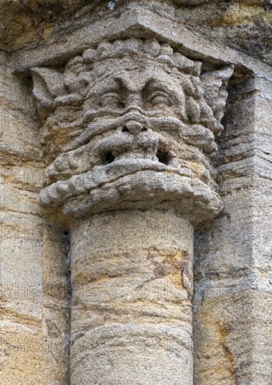Sherborne Abbey, south portal, impost zone, capital with leaf mask