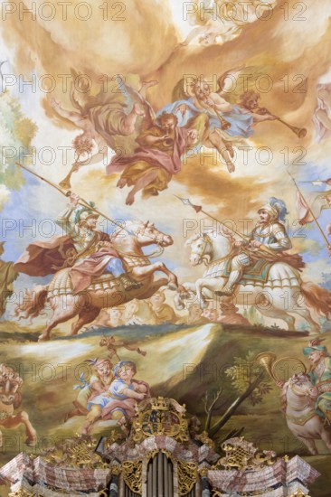 Ceiling painting in the nave: duel of knights on horseback above the organ, St., Saint, Saint