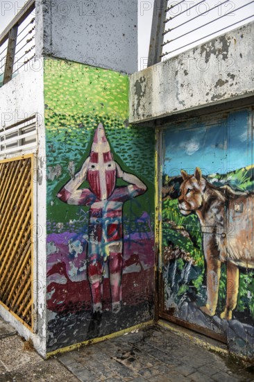 Mural with cultural ritual grove and Cougar, Punta Arenas, Chile, South America