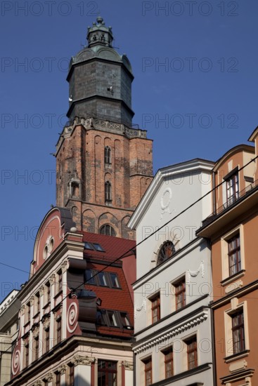 Tower storeys above baroque and classicist gabled houses, St., Sankt, Saint