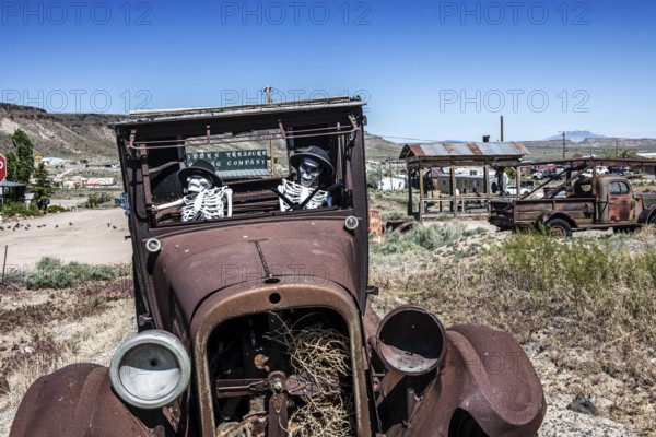 Fort T model with skeletons in the ghost town of Goldfield, Nevada, USA, North America
