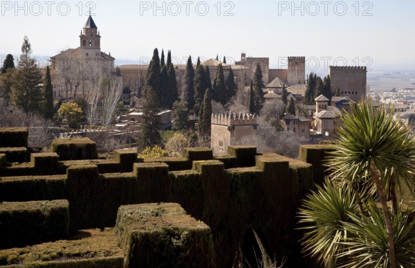 Generalife, view from the new gardens to the main part of the Alhambra, on the left the church of