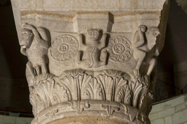 Neuvy-Saint-Sépulchre, collegiate church of St-Jacques, rotunda, column capitals with monkeys and