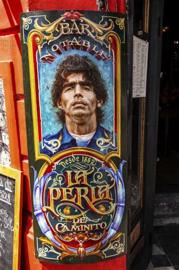 Diego Maradonna on poster at El Caminito, La Boca, Buenos Aires, Argentina, South America