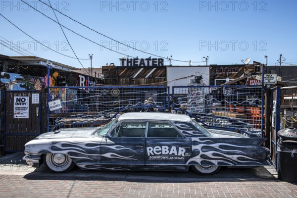 Old Chevrolet at the entrance to the Rebar, theatre, bar, restaurant, Arts District, Las Vegas,