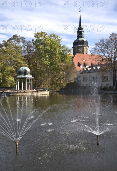 View across the pond to the north-east towards the pond arbour and the town church, St., Sankt,