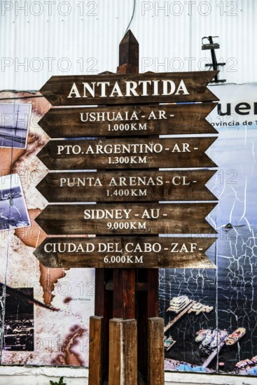 Milemarker to Antarctica, harbour of Ushuaia, Argentina, South America