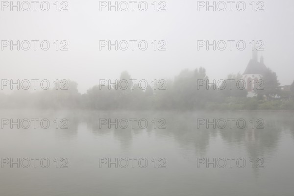 Island church, view from the east in the fog