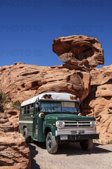 Motorhome at Atlatl Rock Campground, Valley of Fire State Park, Nevada, USA, North America