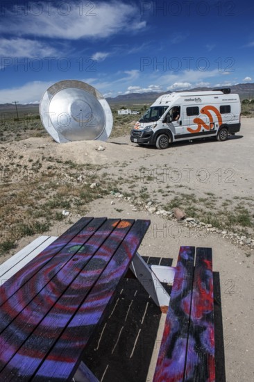 Motorhome in front of the E.T. Fresh Jerky Shop, Extraterrestrial Highway, Rachel, Nevada, USA,