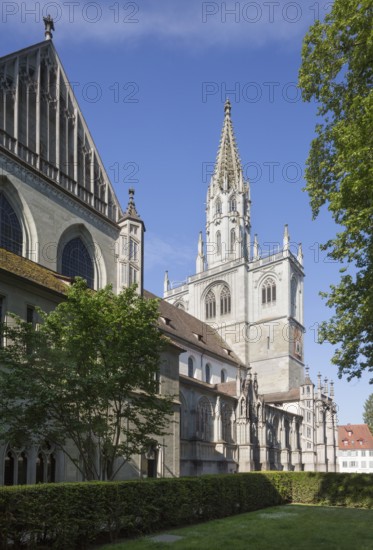 Constance, Minster, north side, view westwards to the tower, remains of the cloister on the left