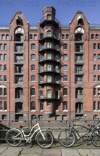 Hamburg, Speicherstadt built between 1883 and 1927, warehouse block W, façade facing Wandrahmfleet