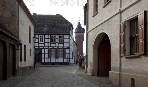 Castle near Magdeburg. View of Weinbergstrasse - corner of Johannesstrasse with the water tower