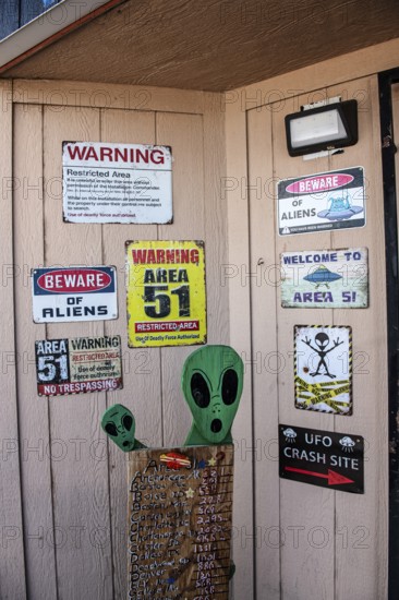 Signs with aliens, Rachel, Extraterrestrial Highway, Nevada, USA, North America