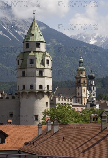 Austrian Hall in Tyrol. Mint tower built at the end of the 15th century. Tower of Hasegg Castle and