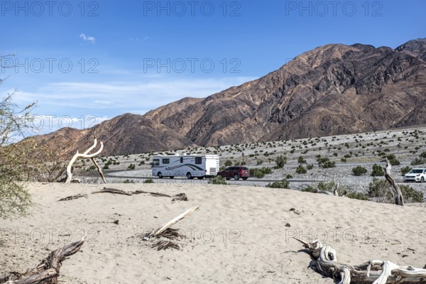 Motorhome trailing SUV, Death Valley National Park, California, USA, North America