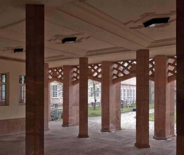 Built in 1925-29, pillared hall in the main building with diagonally placed pillars, view into the