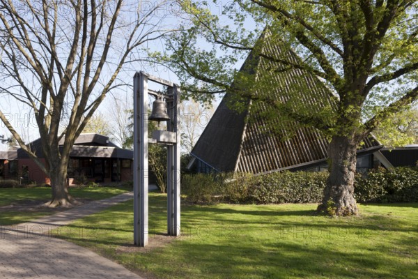 Krefeld, portable tent church St Hubertus with free-standing bell, built in 1959 by Heinz Döhmen,