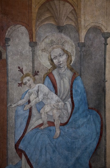 Wall painting in the choir: Madonna, St., Saint, Saint