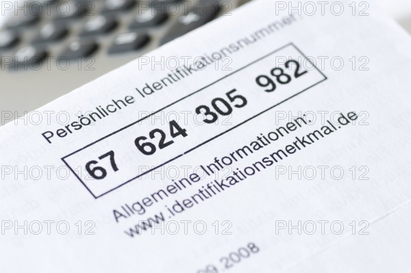 Sheet with personal identification number, tax number