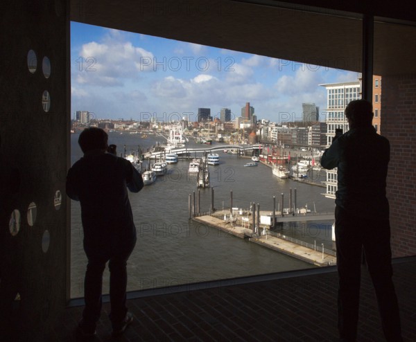 Hamburg, Elbphilharmonie, foyer called Plaza, view of the harbour from the west window of the