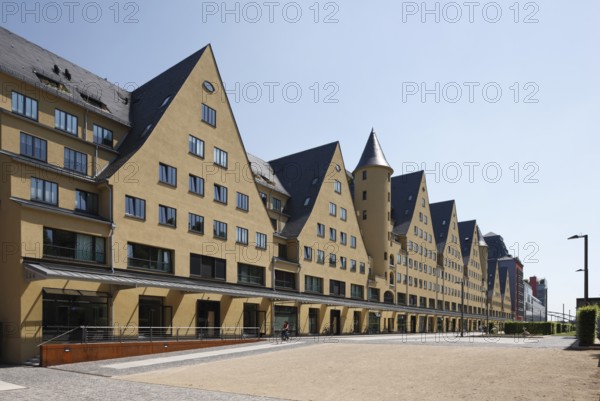 Historic Siebengebirge warehouse, converted into modern residential buildings, landside