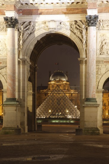 Arc de Triomphe du Carrousel and inner courtyard of the Louvre with pyramid by Ieoh Ming Pei